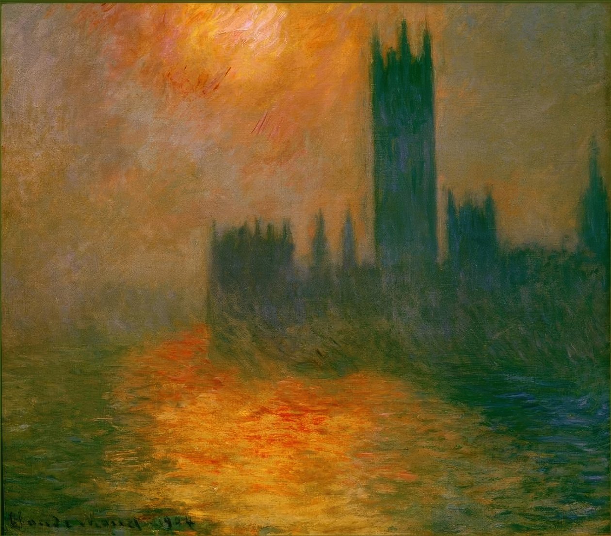 Parlamentet, solnedgång (Das Parlament, Sonnenunter av Claude Monet