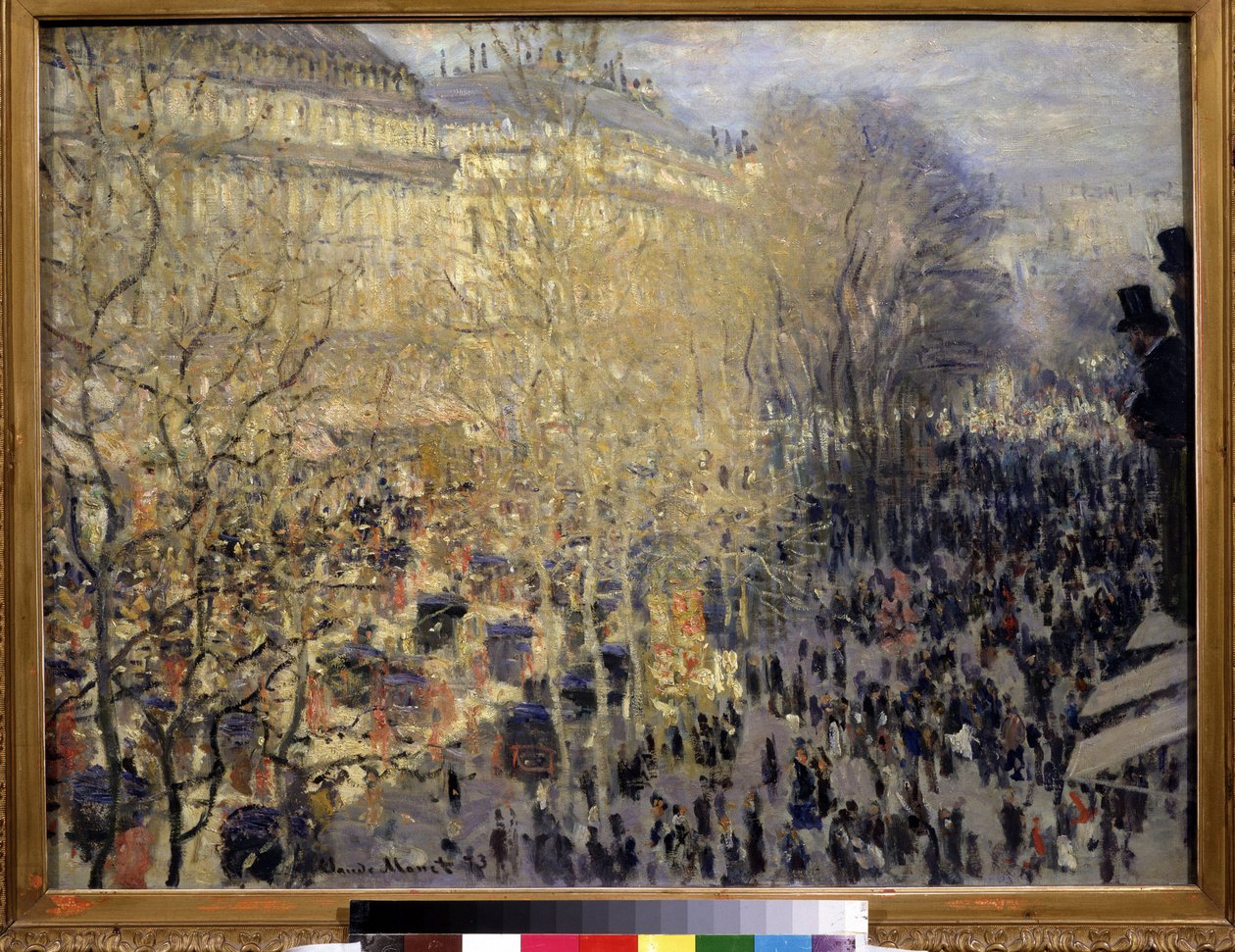 ""Le boulevard des Capucines"" Folkmassa av förbipasserande och trafik i operadistriktet i Paris. Målning av Claude Monet (1840-1926). Olja på duk. Impressionism. 1873. Mått 61x80 cm Pushkin-museet, Moskva av Claude Monet