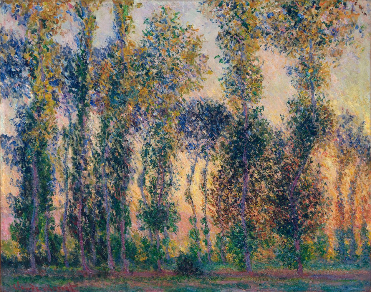Poplar i Giverny (Frankrike), soluppgång. Målning av Claude Monet (1840-1926), olja på duk av Claude Monet