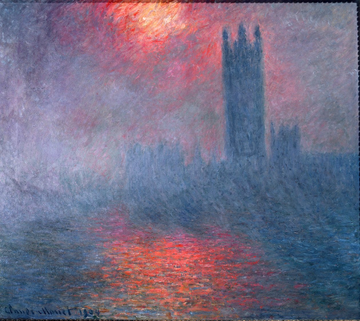 London, Parlamentet, solsken i dimman av Claude Monet