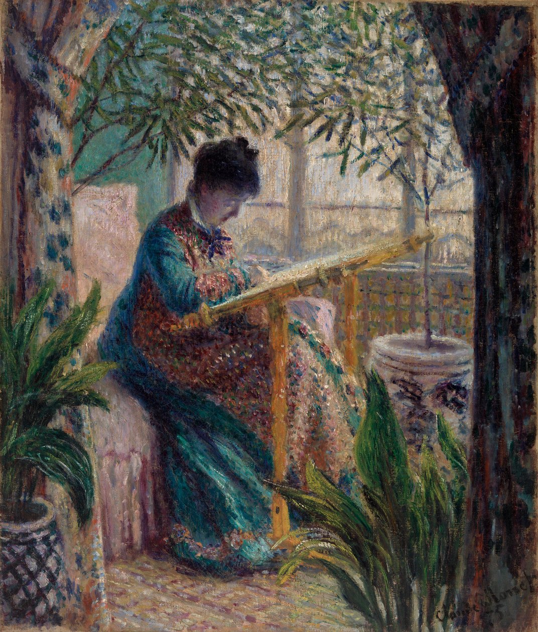 Madame Monet broderar (Camille vid hantverket) av Claude Monet