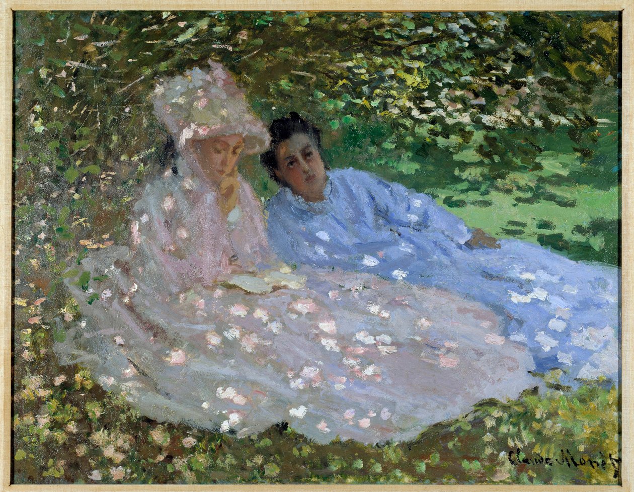 Mrs Monet och en vän i trädgården. Två kvinnor som sitter i skuggan av ett träd. Målning av Claude Monet (1840-1926) av Claude Monet