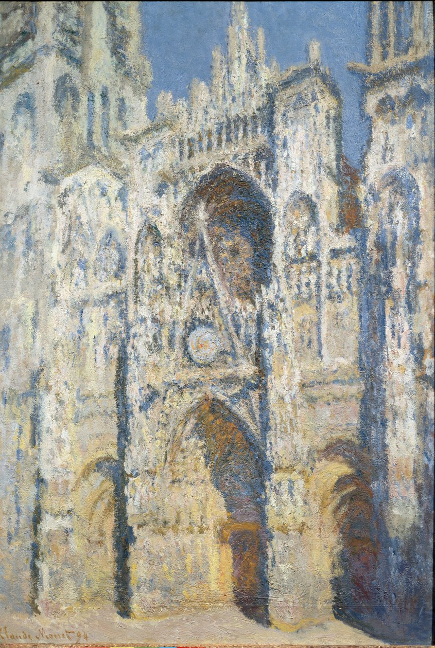 Rouen-katedralen, portalen och tornet Saint Romain, full soleffekt, blå harmoni och guld - olja på duk av Claude Monet