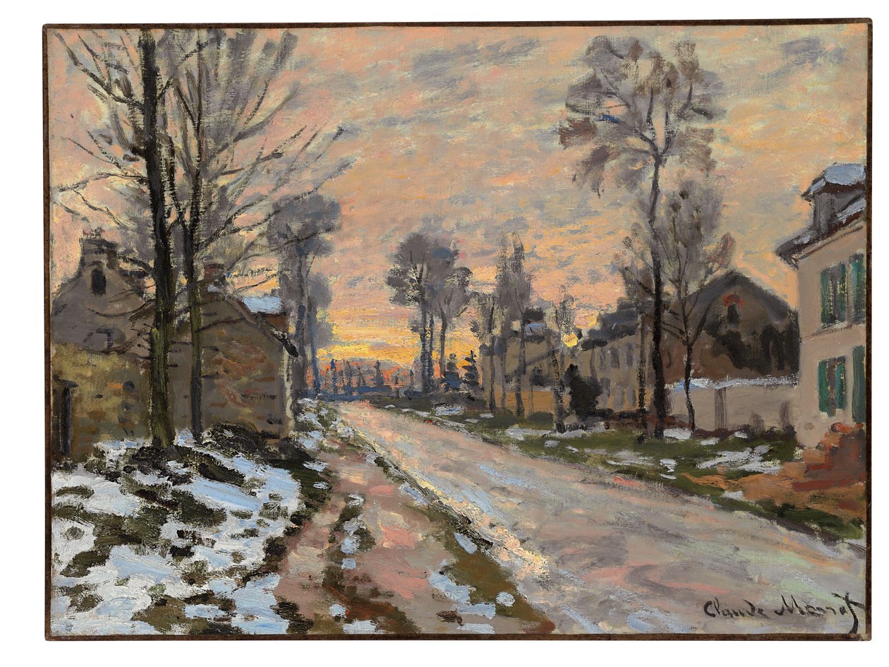 Vägen till Louveciennes, smältande snö, nedgående sol, ca 1869-70 av Claude Monet