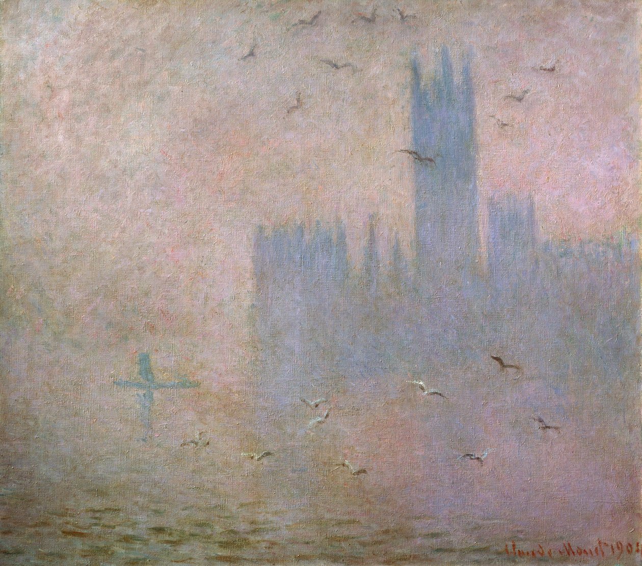 Måsar. Themsen i London. Riksdagens hus, 1903-1904 av Claude Monet