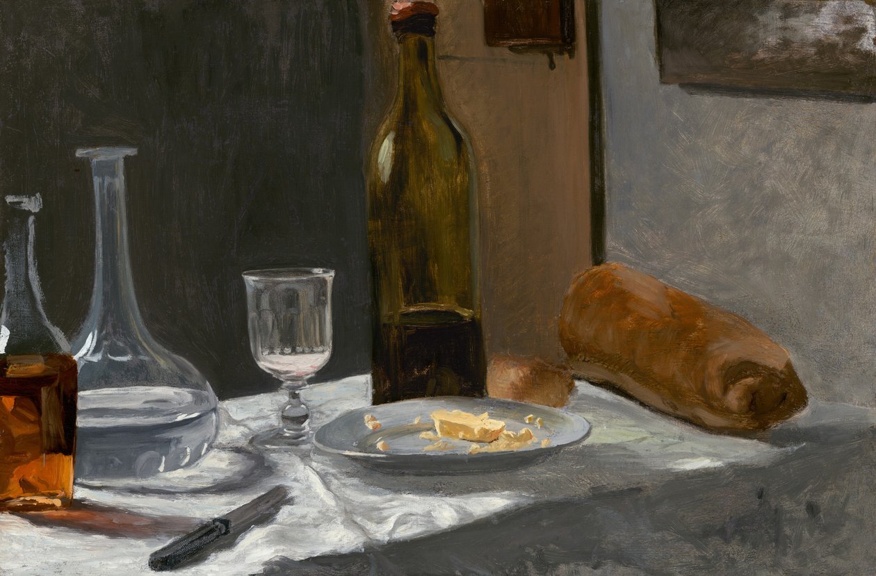 Stilleben med flaska, karaff, bröd och vin, ca. 18621863. av Claude Monet