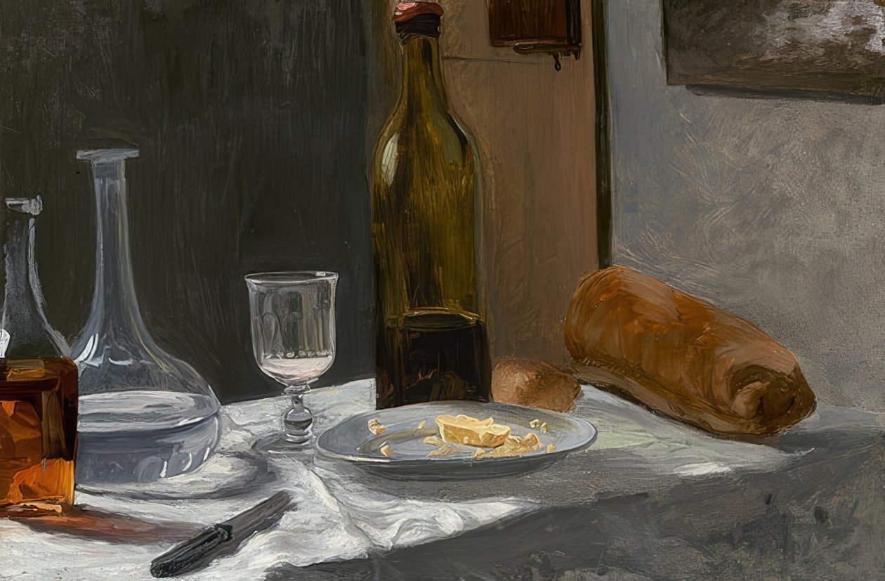 Stilleben med flaska, karaff, bröd och vin. Omkring 1862/63 av Claude Monet
