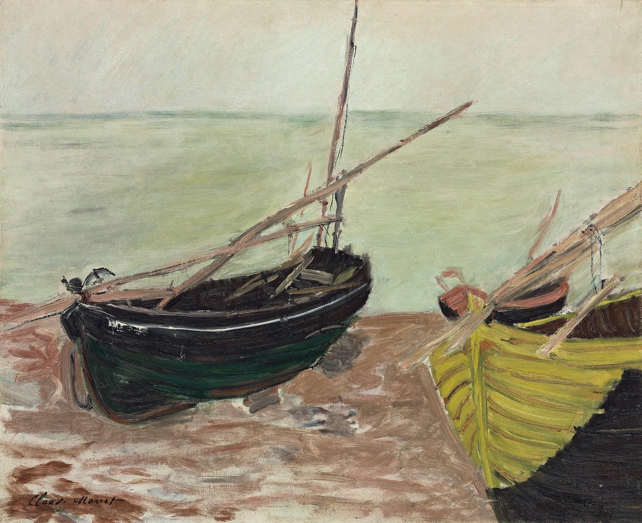 Studie av båtar vid Etretat Beach; Studie av båtar på stranden vid Etretat, 1885 av Claude Monet