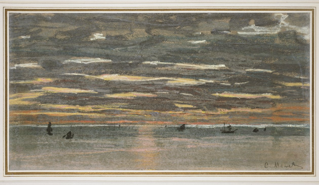 Solnedgång till sjöss, 1865-1870 (pastell på gulfärgat papper) av Claude Monet