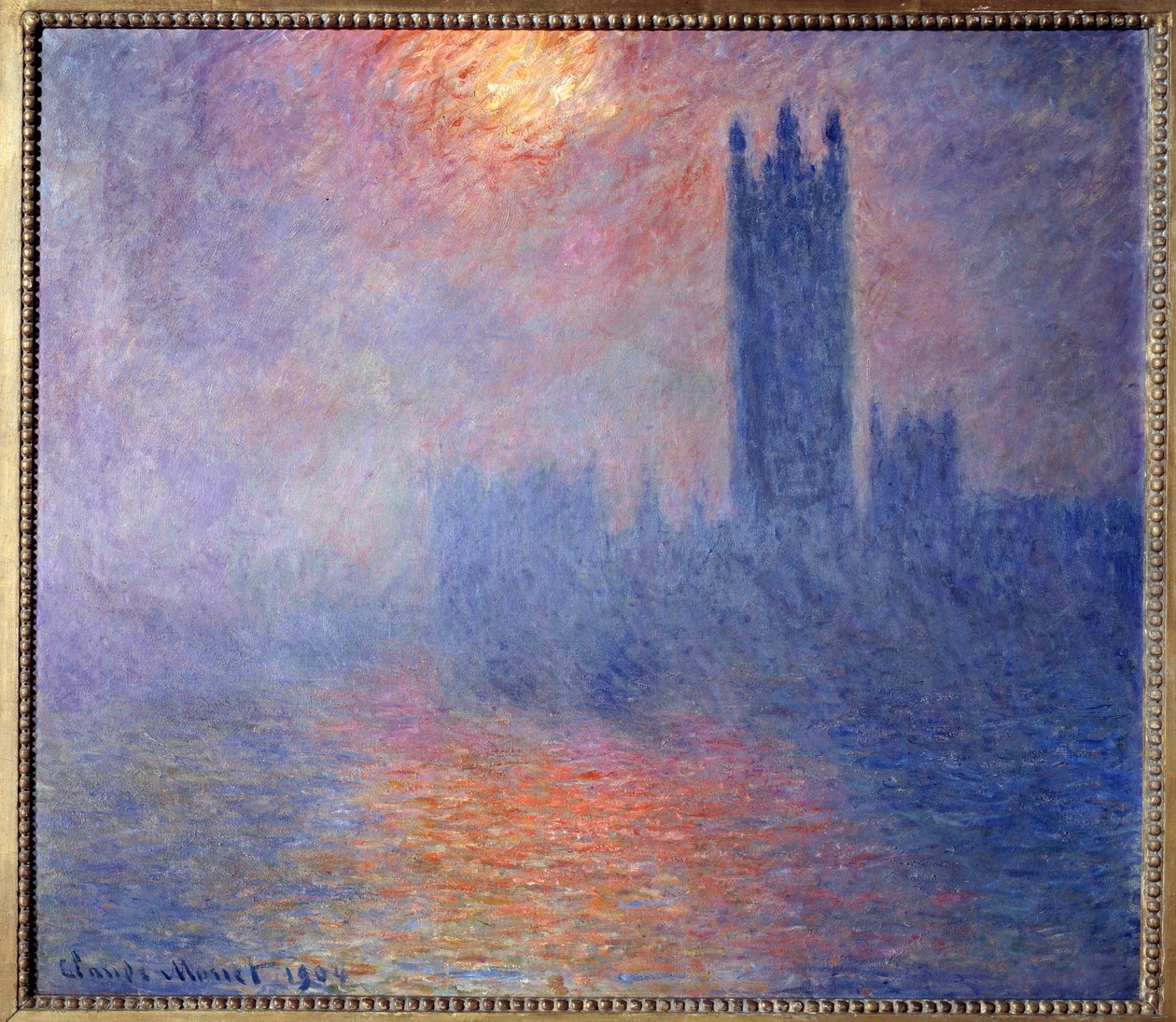 Houses of Parliament, London, med solen som bryter igenom dimman av Claude Monet