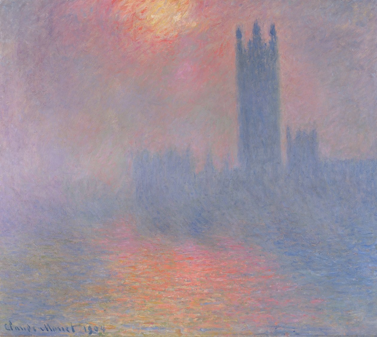Houses of Parliament, London, med solen som bryter igenom dimman, 1904 av Claude Monet