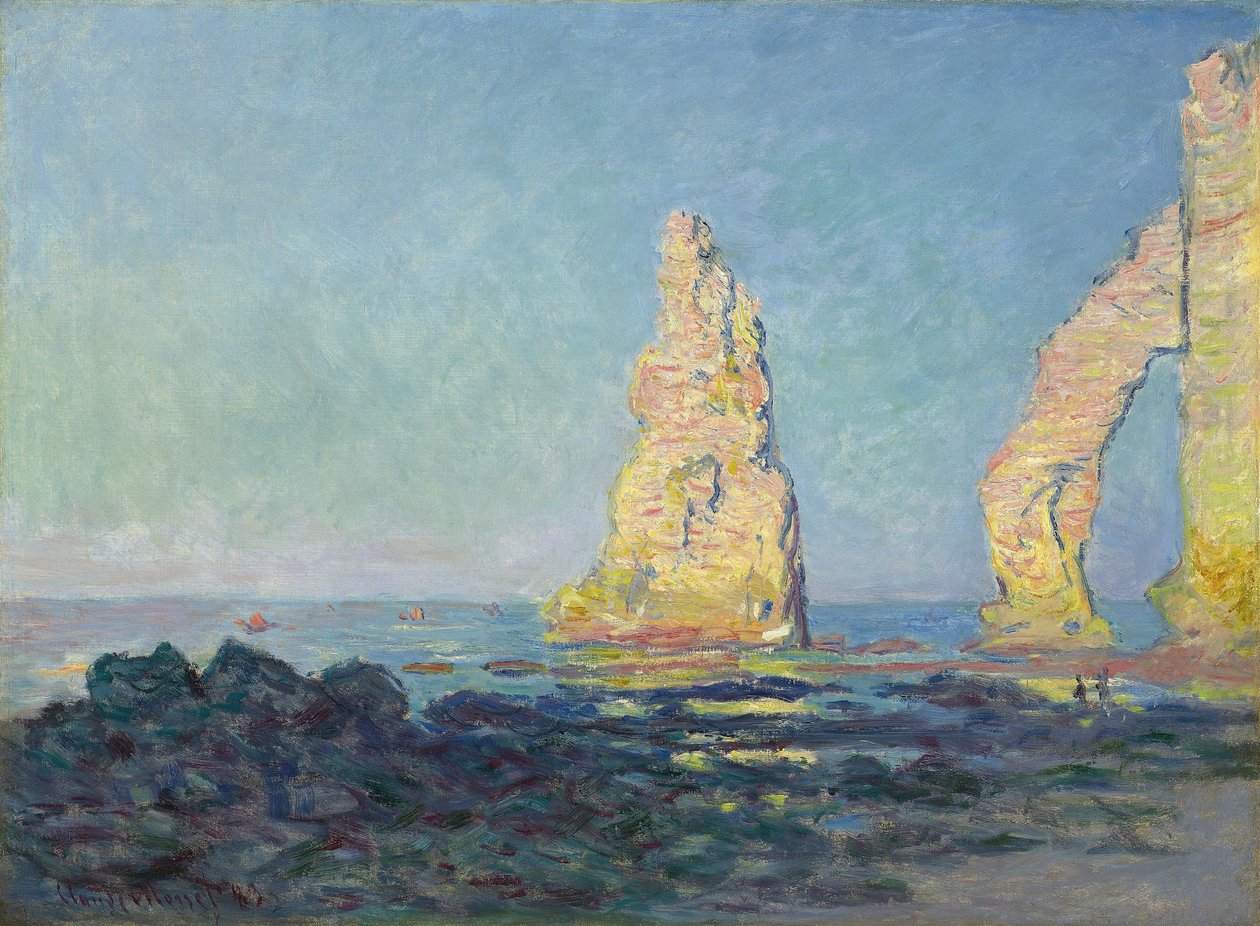 Etretats nål, lågvatten; Aiguille d"Etretat, maree basse, 1883 av Claude Monet