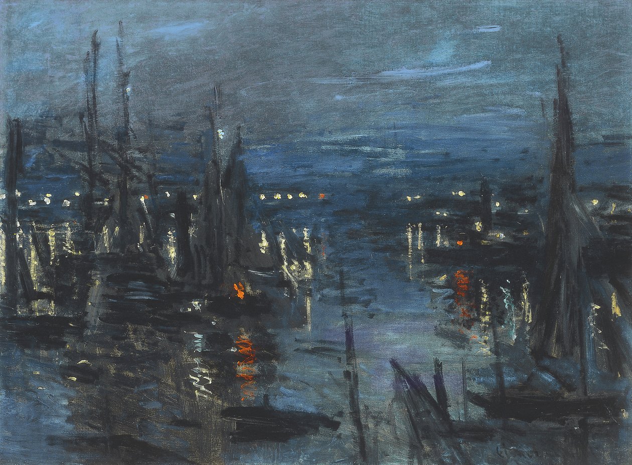 Hamnen i Le Havre, Natteffekt; Hamnen i Havre, Natteffekt, 1873 av Claude Monet