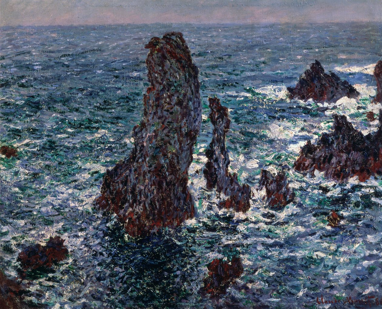 Klipporna i Belle-Ile-pyramiderna i Port-Coton, Wild Sea, 1886. av Claude Monet