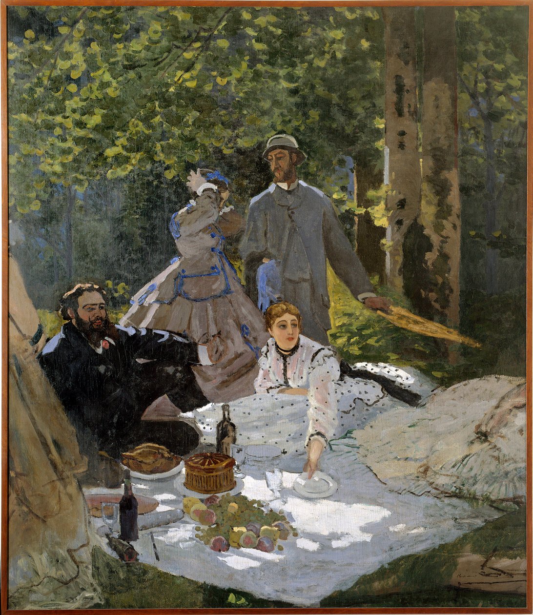 Frukosten på gräset (porträtt av Frederic Bazille (1841-1870) i centrum, Camille Doncieux (1847-1879) och Gustave Courbet (1819-1877) a Gauche) av Claude Monet