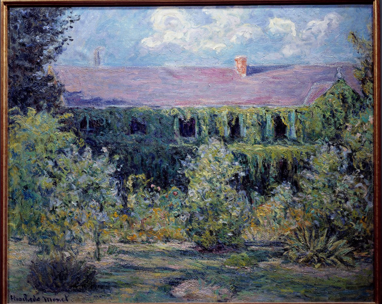 Målaren Claude Monets hus har Giverny-målning av Blanche Hosche (1865-1947) 1800-talet. Vernon, Musee Poulain Observera! Användning av detta verk kan vara föremål för en begäran om tillstånd från tredje part eller ytterligare avgifter av Claude Monet