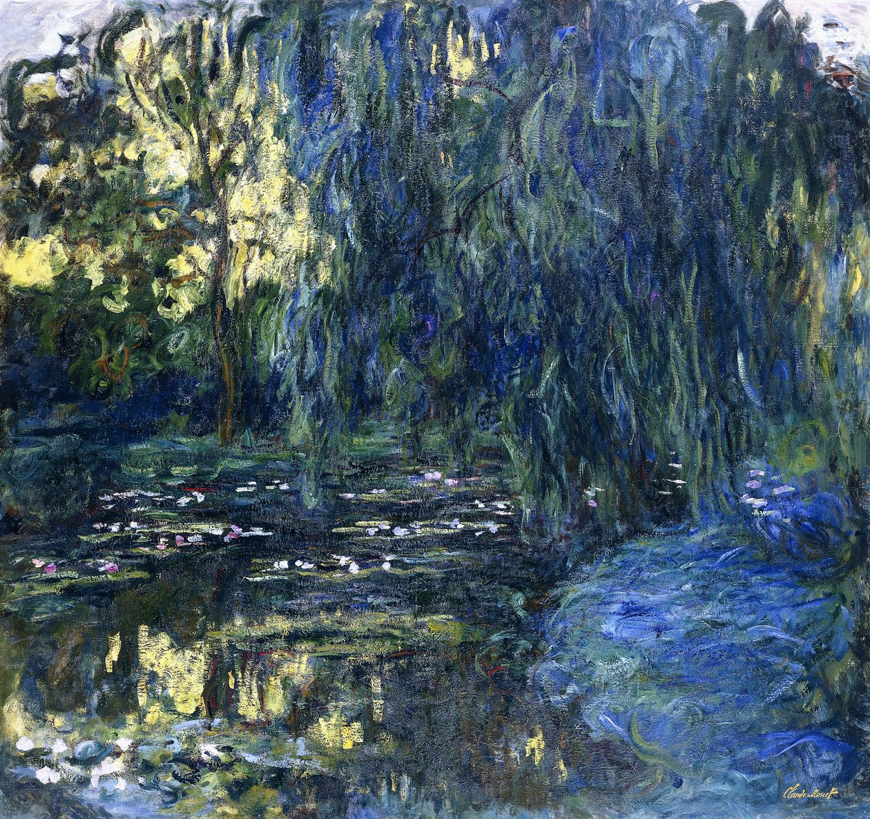 Utsikt över lilydammen med pil, ca 1917-1919 av Claude Monet