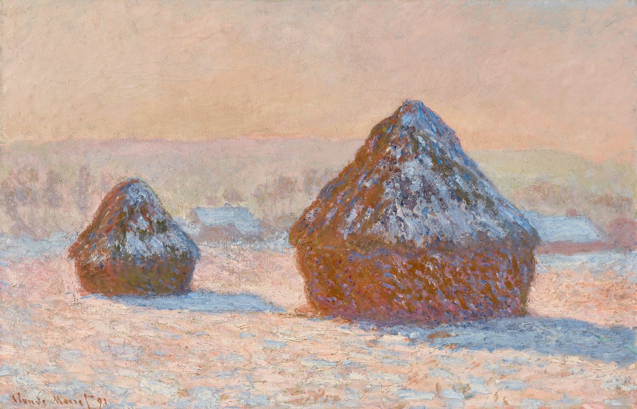 Vetestackar, snöeffekt, morgon (Meules, Effet de Neige, Le Matin) av Claude Monet