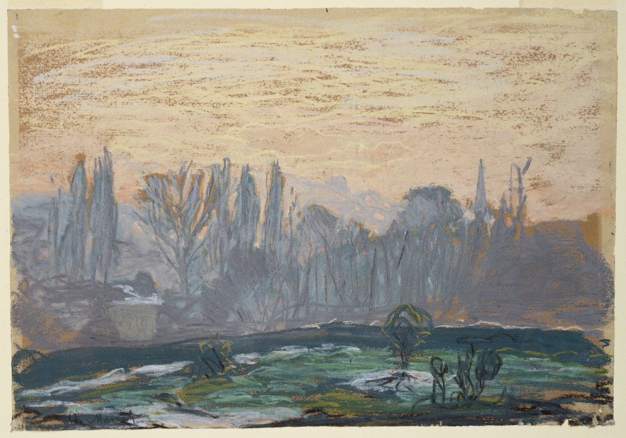 Vinterlandskap med aftonhimmel, ca 1870-80 (pastellkrita på papper) av Claude Monet