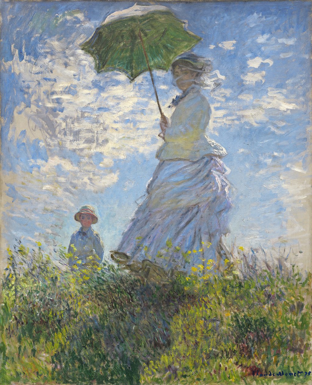 Kvinna med ett parasoll - Madame Monet och hennes son av Claude Monet