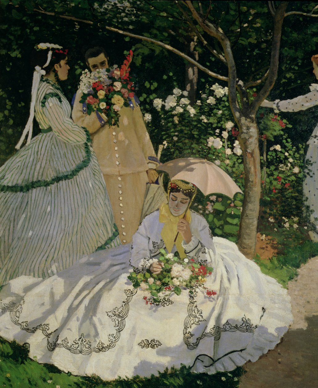 Women in the Garden, detalj av en sittande kvinna med ett parasoll, 1866 olja på duk-detalj från 2011 av Claude Monet
