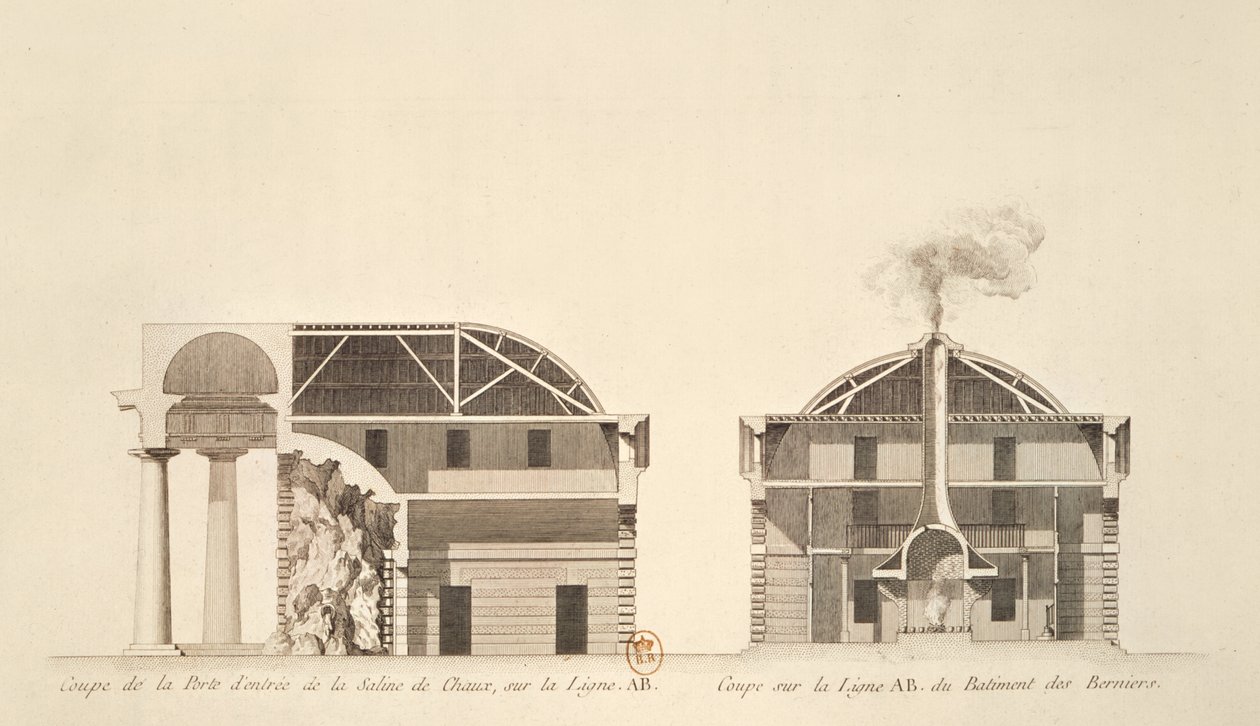 Cross-section of the entrance to salt works in the ideal city of Chaux, c.1801  av Claude Nicolas Ledoux