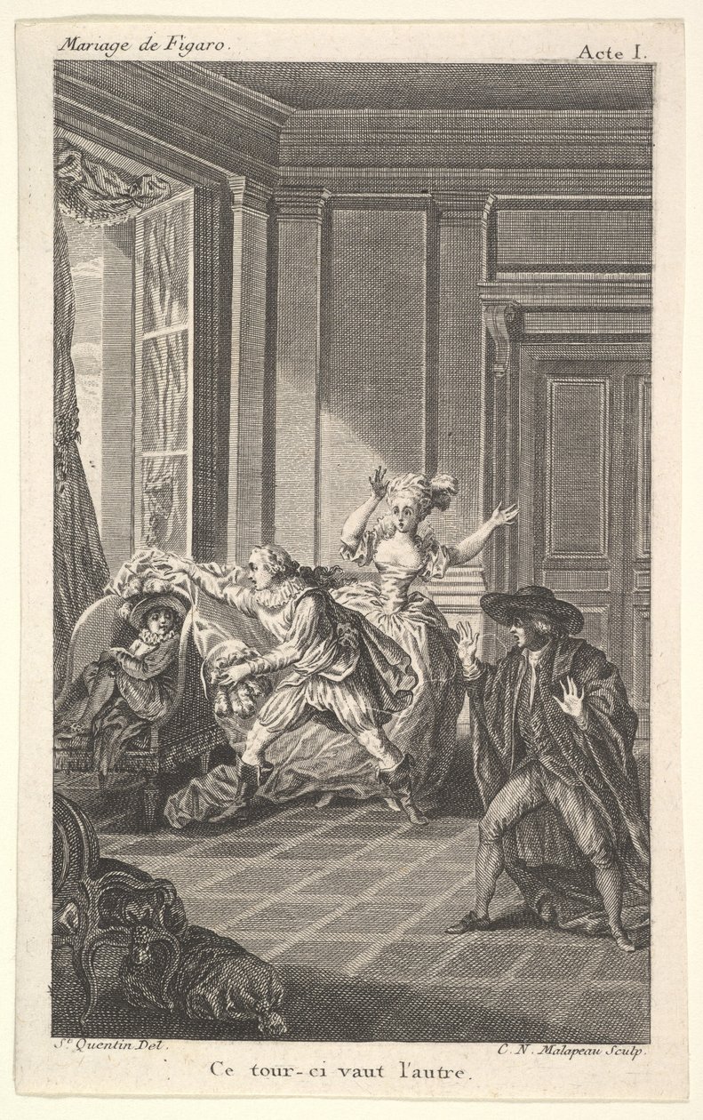 En man uppkrupen i en stol ser mot en annan man som närmar sig honom från vänster i..., ca. 1784. av Claude Nicolas Malapeau