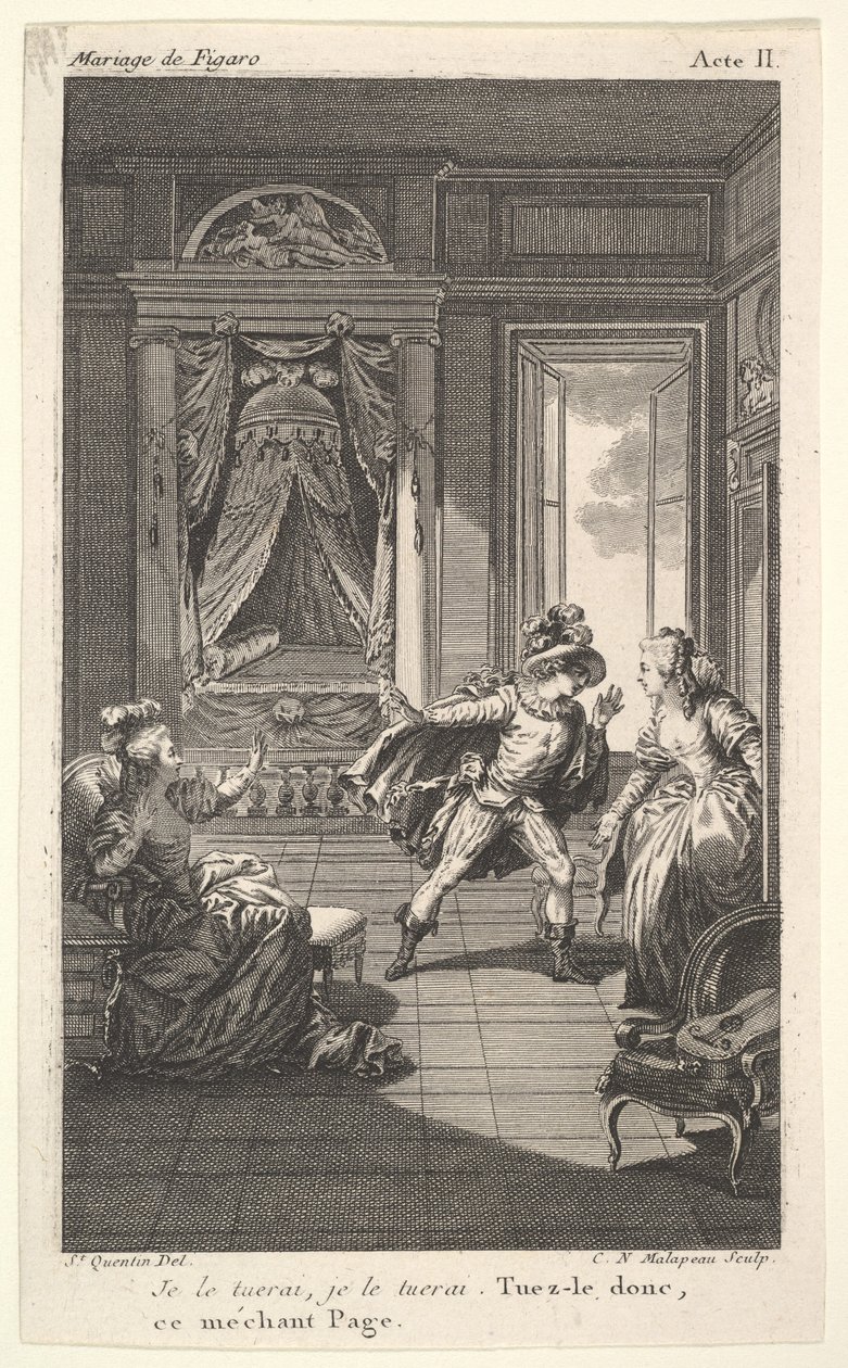 En man lutar sig mot en kvinna som står i en dörröppning till höger, till vänster en sittande kvinna höjer..., ca. 1784. av Claude Nicolas Malapeau
