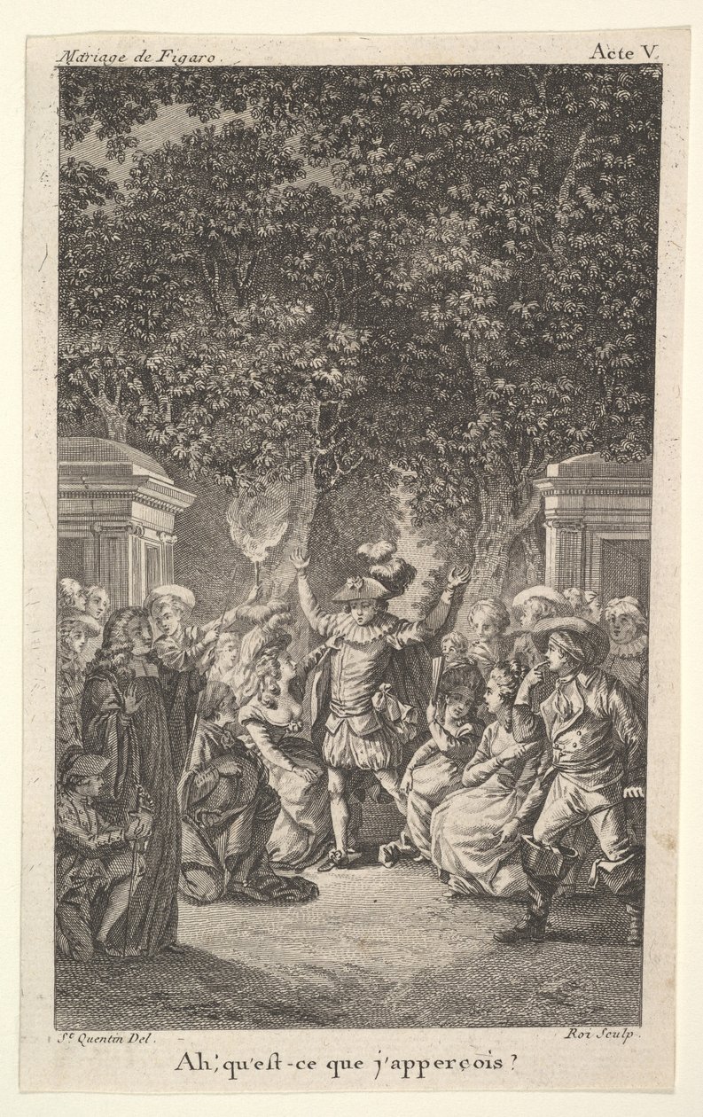 En ung pojke håller en fackla under träd i en trädgård, i mitten höjer en man båda armarna, s..., ca. 1784. av Claude Nicolas Malapeau