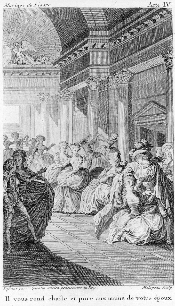 Figaro de Beaumarchais äktenskap, akt IV. teckning av St. Quentin, gravyr av Malapeau av Claude Nicolas Malapeau