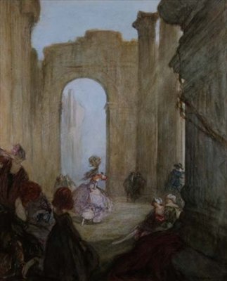 Flickor som tittar på en dansare bland klassiska ruiner (färg litho) av Claude Shepperson
