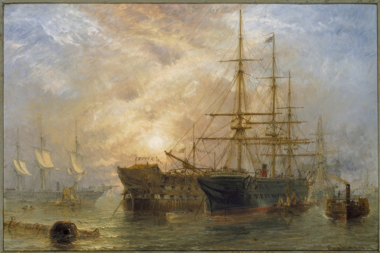 Hennes Majestäts truppfartyg tar emot butiker i Portsmouth Ha av Claude T. Stanfield Moore