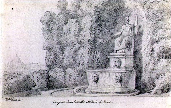 Utsikt över en fontän i trädgården till Villa Medici, Rom, ca 1815-20 (penna på papper) av Claude Thienon