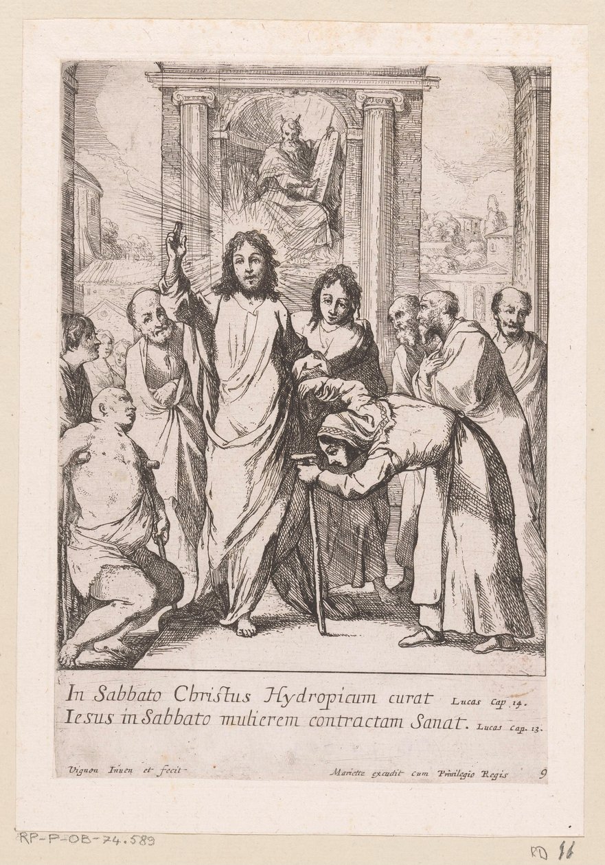 Helande av den lame mannen och den sneda kvinnan på sabbaten Miracula Domini Nostri Jesu Christi (serietitel) Miracles of Christ (serietitel) av Claude Vignon