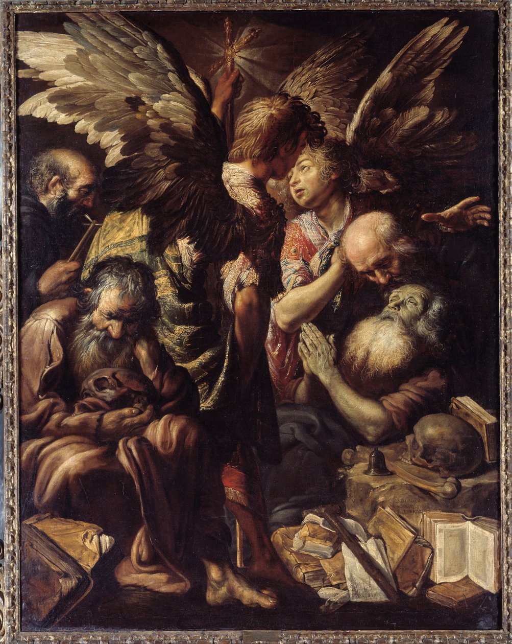 Sankt Antonius död (sankt Antonius den store, 250/51-356) (eller Sankt Antonius Eremit eller Sankt Antonius abbe). Målning (Vanite) av Claude Vignon (1593-1670) av Claude Vignon