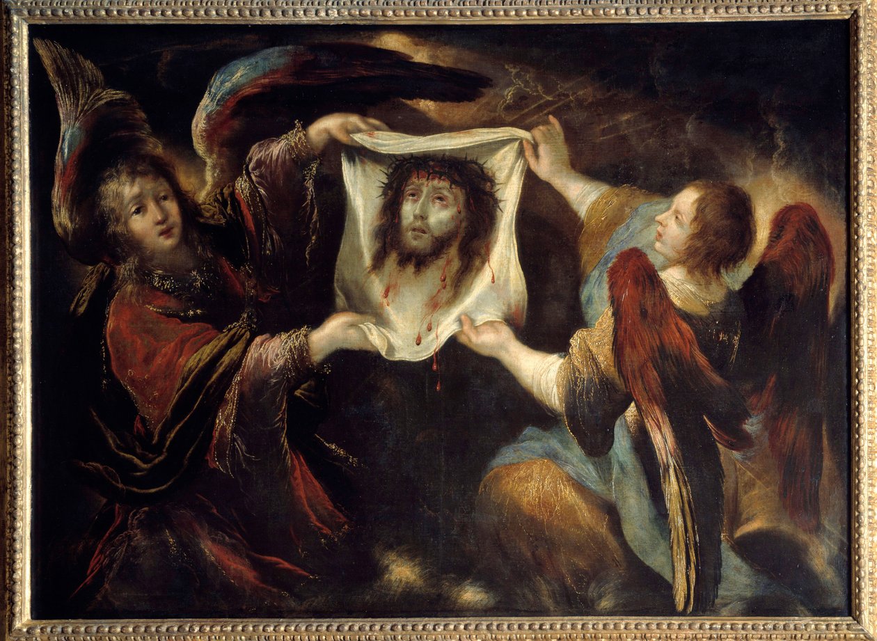Två änglar som presenterar det heliga ansiktet Kristi huvud från ansiktet, krönt med törnen och aureolee, på linne från Sankta Veronica som torkade Jesu ansikte (helig svep). Målning av Claude Vignon (1593-1670) 1640 sön. 1,24x1,7 m Rouen, musee des Beaux av Claude Vignon