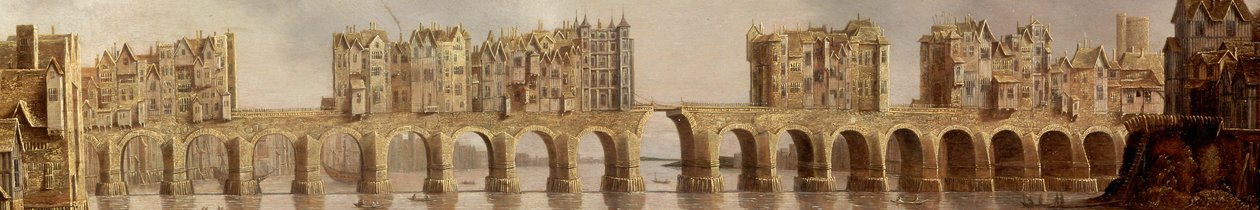 Detalj av Old London Bridge på 1632 oljemålning Vy över London Bridge av Claude de Jongh