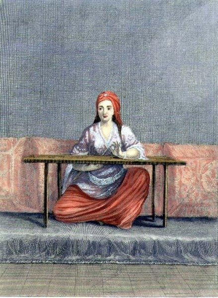 Turkisk kvinnabroderi, graverad av C. du Bose, tidigt 1700-tal (gravyr) av Claude du Bose