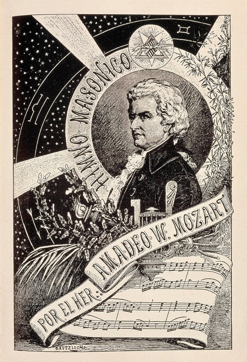Representation av den österrikiske kompositören Wolfgang Amadeus Mozart (1756-1791), en frimuraremedlem associerad med Encyclopedic Dictionary of Freemasonry, sent 1800 - tidigt 1900-tal (gravyr) av Claudio Castelucho