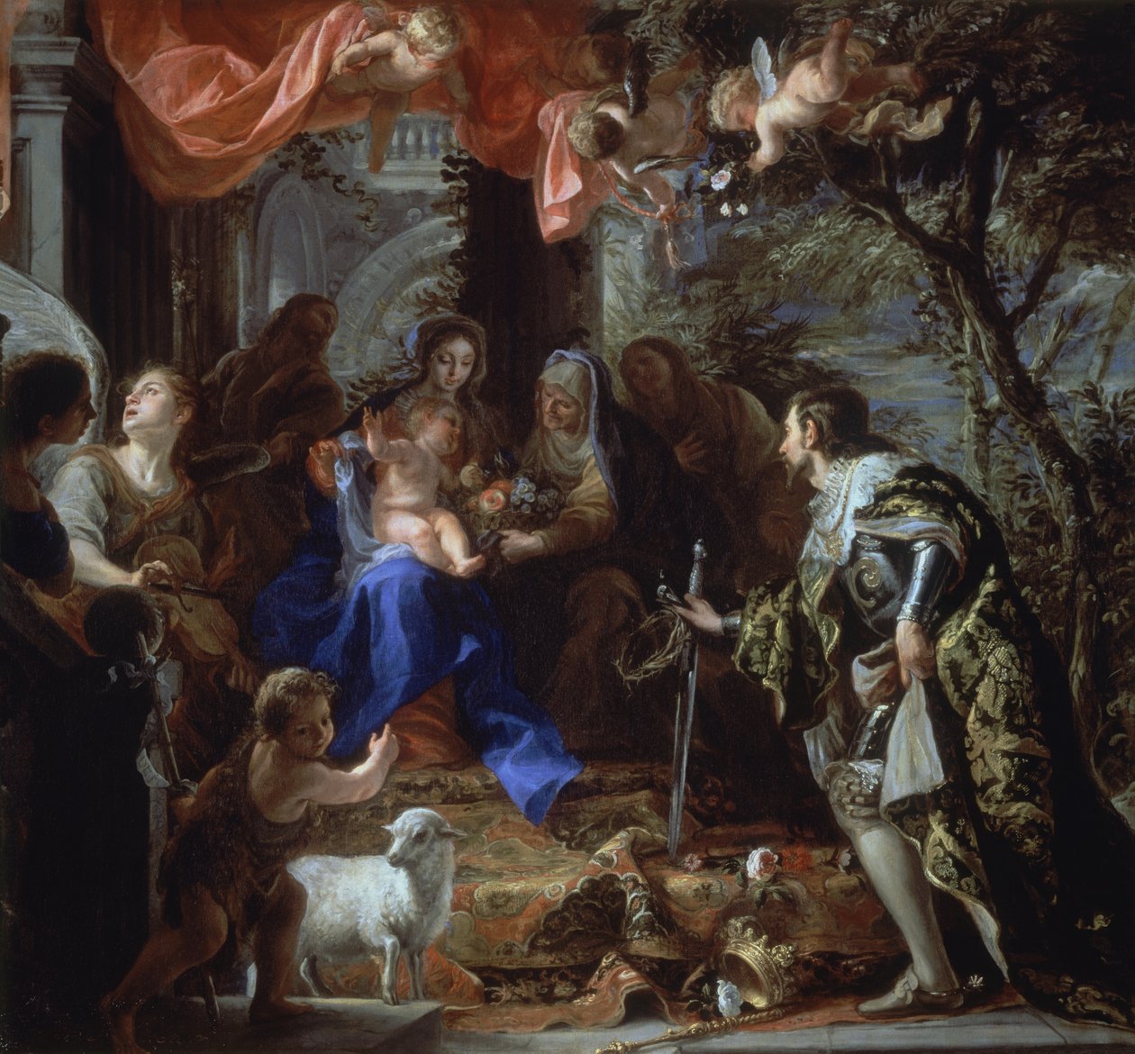 Jungfrun och barnet tillbedda av Sankt Ludvig, kung av Frankrike, ca 1665 (olja på duk) av Claudio Coello