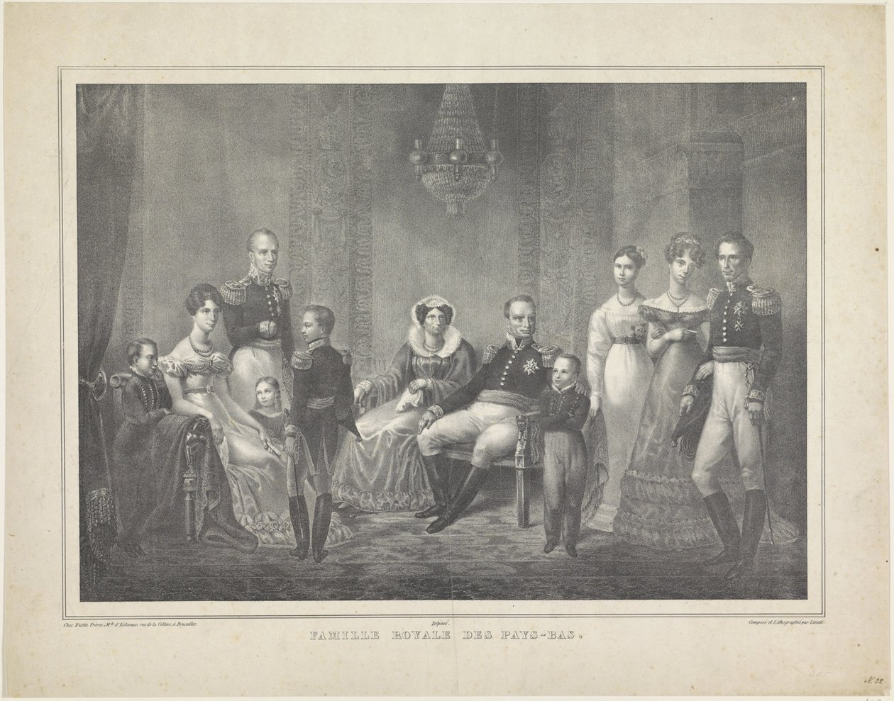 Familjeporträtt av Vilhelm I Frederik, kung av Nederländerna, Wilhelmina av Preussen, deras söner med hustrur, deras dotter och fyra barnbarn av Claudio Linati