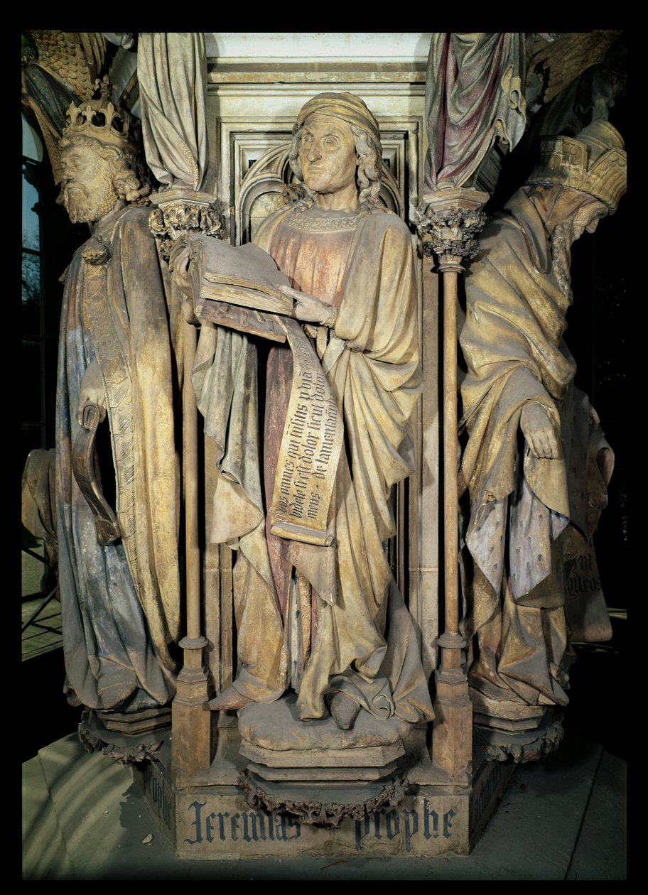 Jeremia (mitten), David (vänster) och Zacharias (höger), figurer från den sexkantiga piedestalen i Mosebrunnen, 1395-1404 av Claus and Malouel, Jean Sluter