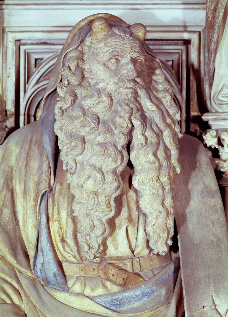 Moses, detalj från den sexkantiga piedestalen i Moses brunn, 1395-1404 av Claus and Malouel, Jean Sluter