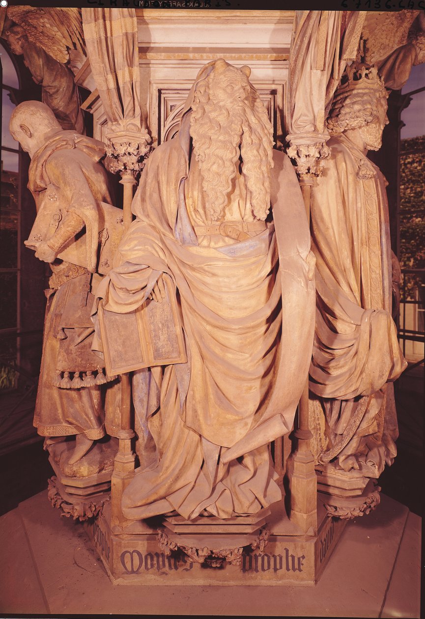 Moses, detalj från den sexkantiga piedestalen i Moses brunn, 1395-1404 av Claus and Malouel, Jean Sluter