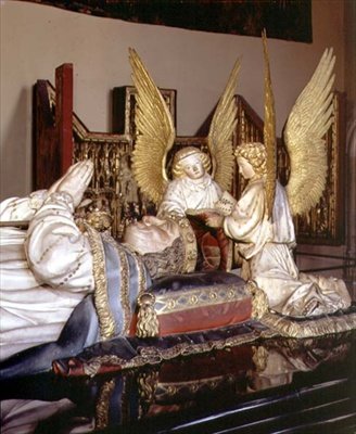Detalj av avbildningen och de två änglarna från Philip den djärves, hertig av Burgund (1342-1404) grav, av Jean de Marville (d.1389), Claus Sluter (d.1405/6) och Claus de Werve (ca 1380-1439), beställda för klostret Champmol. av Claus and Marville Jean de Sluter