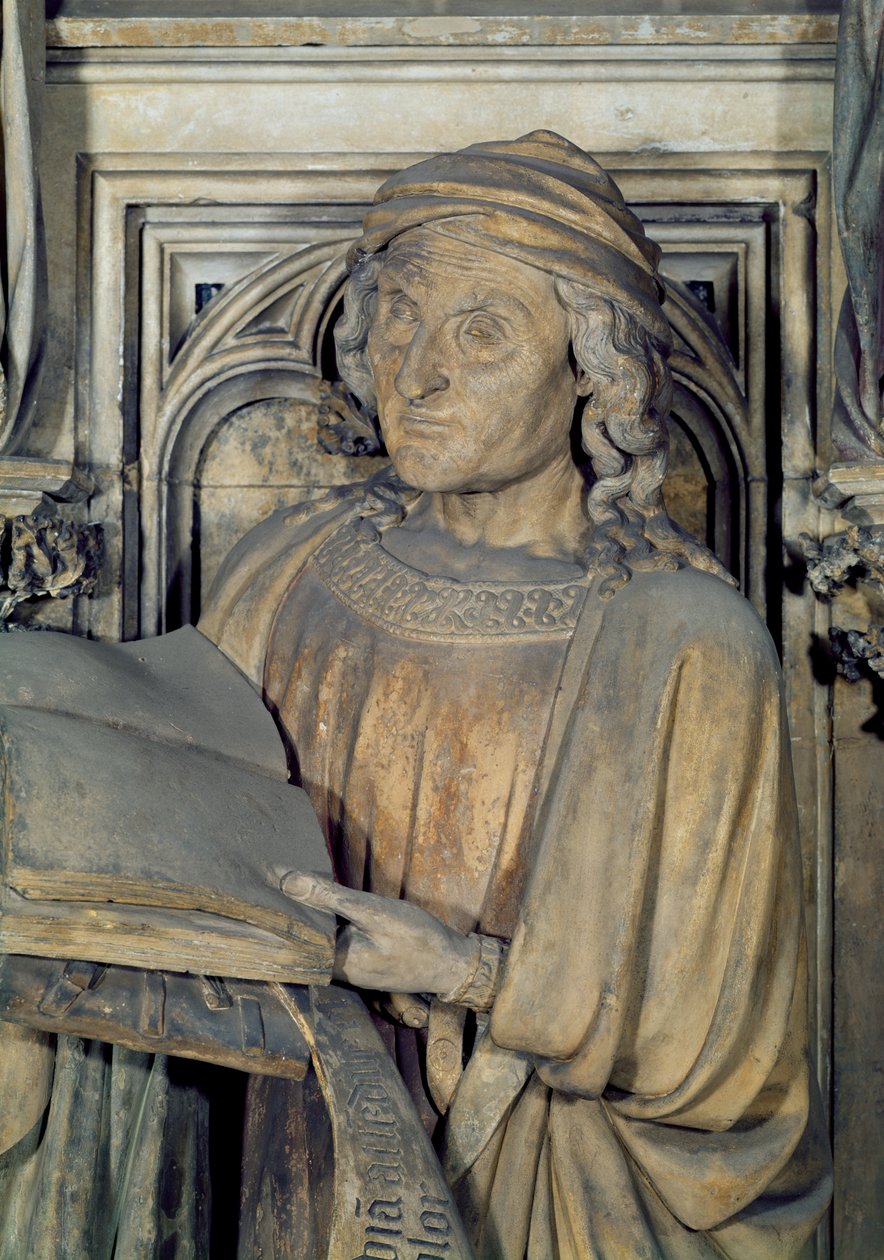 Jeremia, detalj av en av profetfigurerna från den sexkantiga piedestalen i Mose brunn, sten från 1395-1404 av Claus and Malouel, Jean Sluter