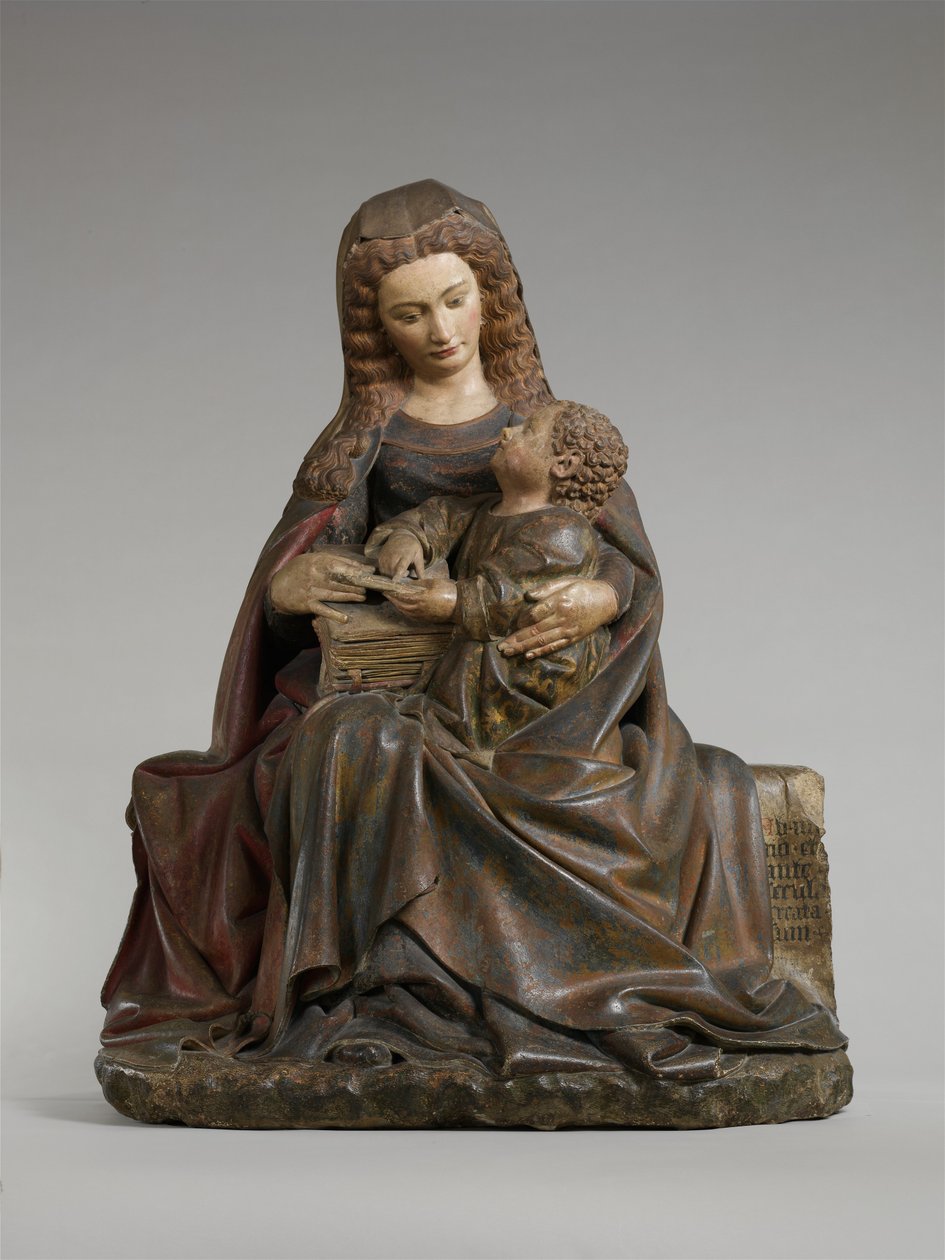 Jungfru och barn, ca 1415-17 (kalksten med färg och förgyllning) av Claus de Werve