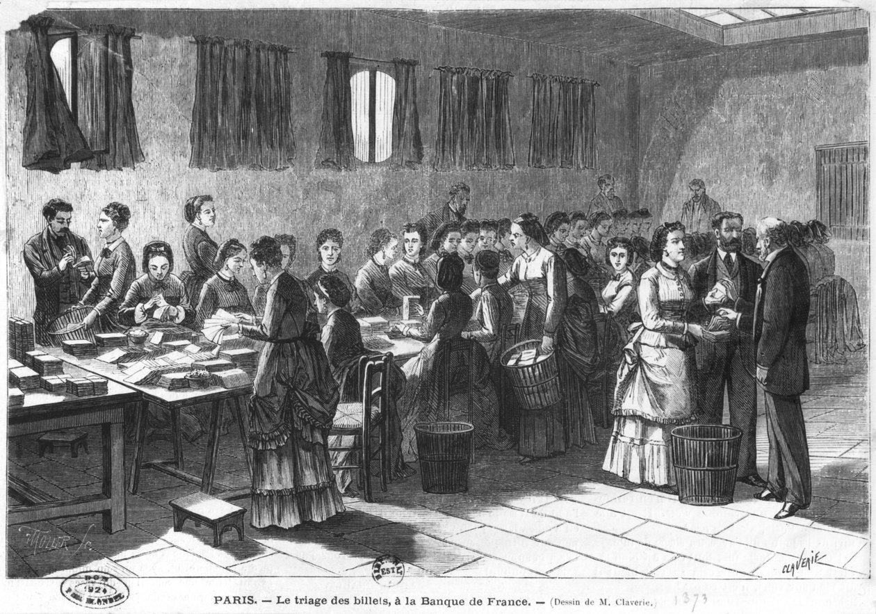 Sortera sedlarna vid Paris Bank of France, graverade av F. Mollet (1800-talet) 1897 av Claverie