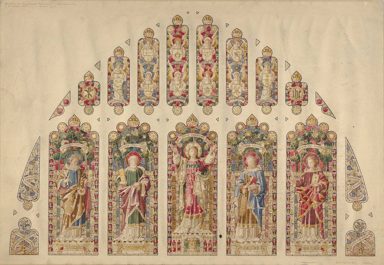 Design för ett fönster i målat glas med flera rutor, Church of the Divine Paternity, New York, ca 1898. av Clayton and Bell