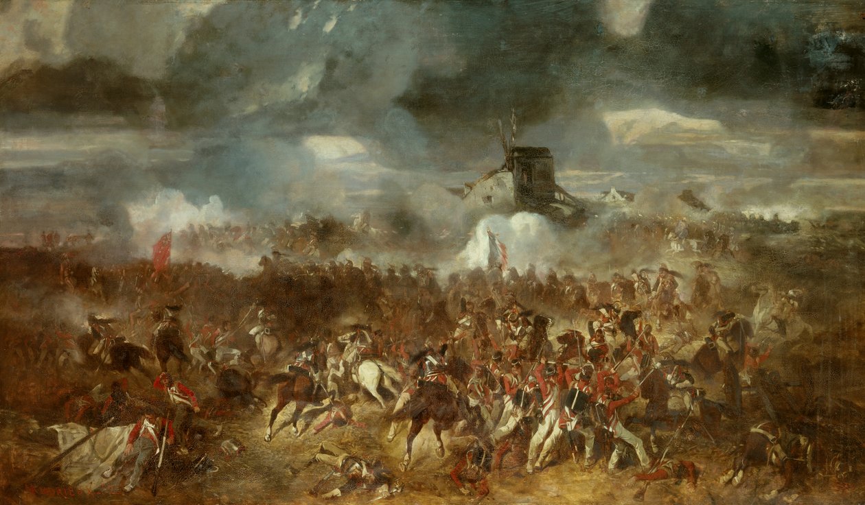 Napoleonkriget: "" Utsikt över slaget vid Waterloo den 18/06/1815"" Målning av Clement Auguste Andrieux (1829-1880) 1852 Sön. 1,1x1,93 m. av Clément Auguste Andrieux
